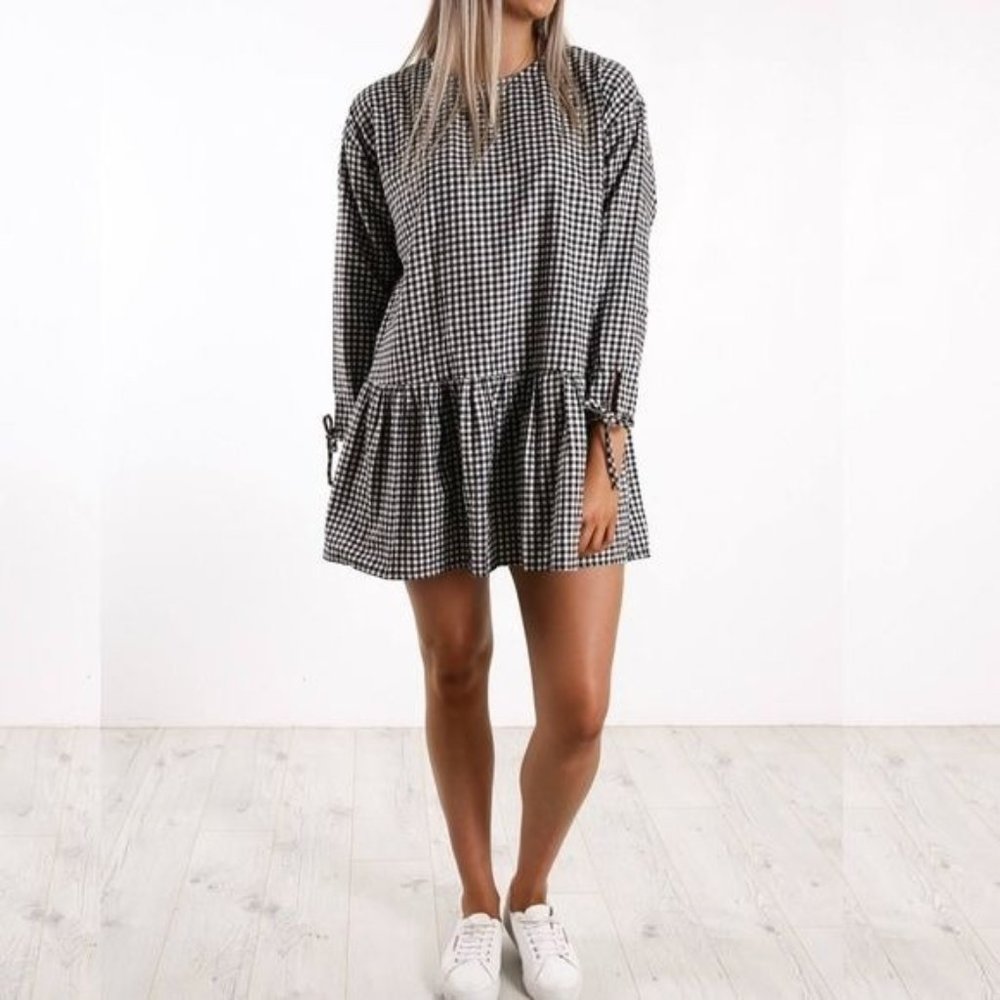 Black White Gingham Prairie Dress Large Drop Waist Long Sleeve Mini